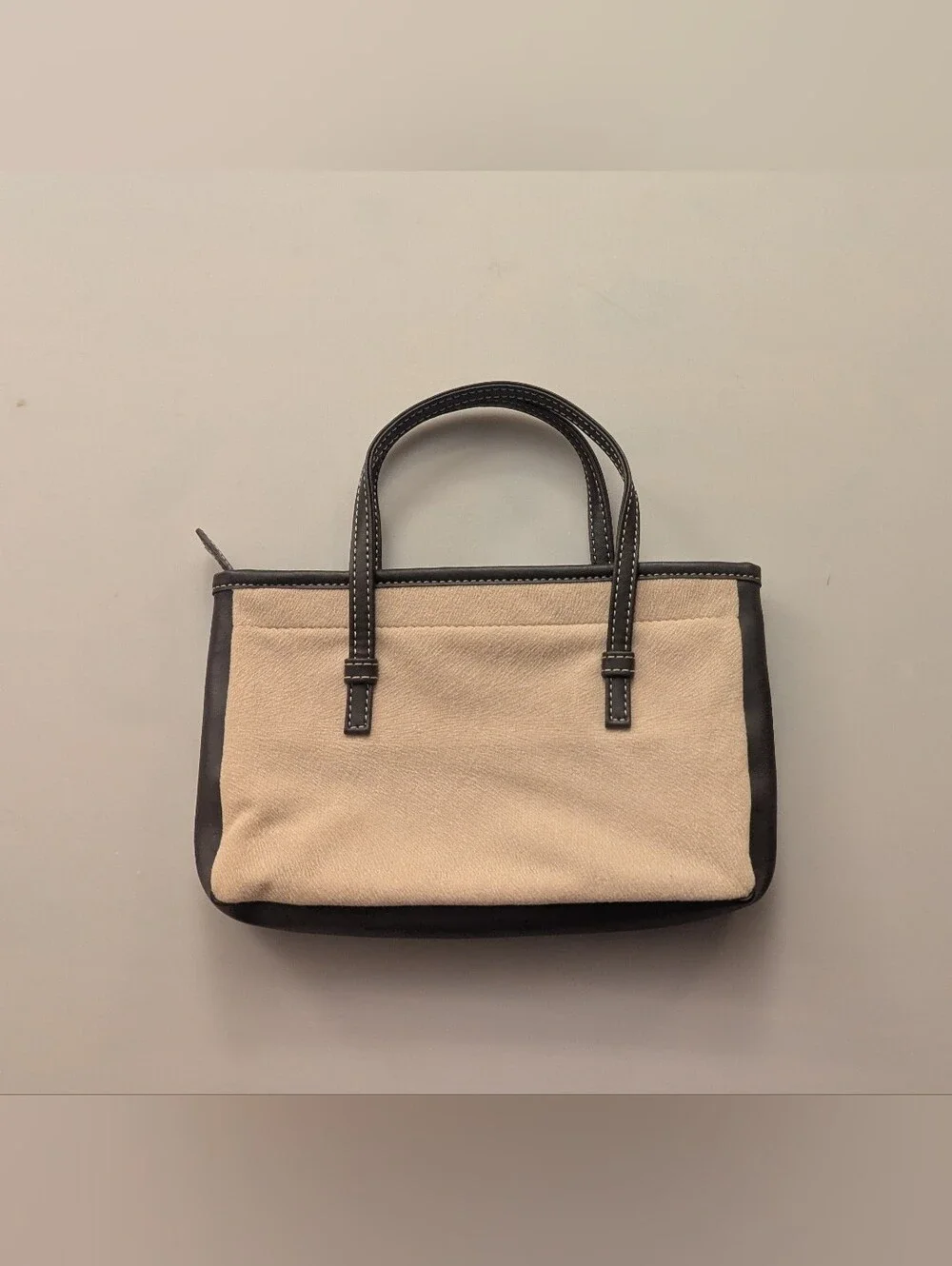 Lancome Beige Brushed Felt Brown Leather Trim Lined Zippered Clutch Tote 8.5